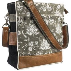 White Blossom Canvas & Leather Shoulder Bag