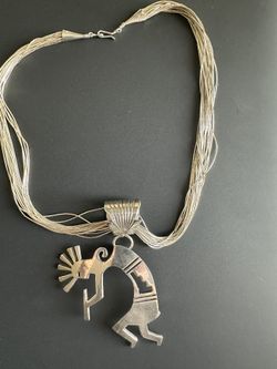 Huge Kokopelli Sterling silver signed liquid silver necklace 52+g