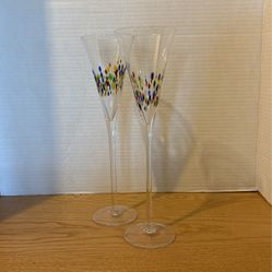 Hand Blown Confetti Champagne Flute Glasses murano style Art Glass 11” vintage  B24