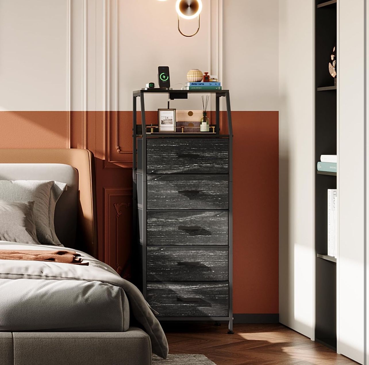 5 Drawer Dresser with Charging Station Side Table w/ Fabric Drawers End Table Black Bedroom