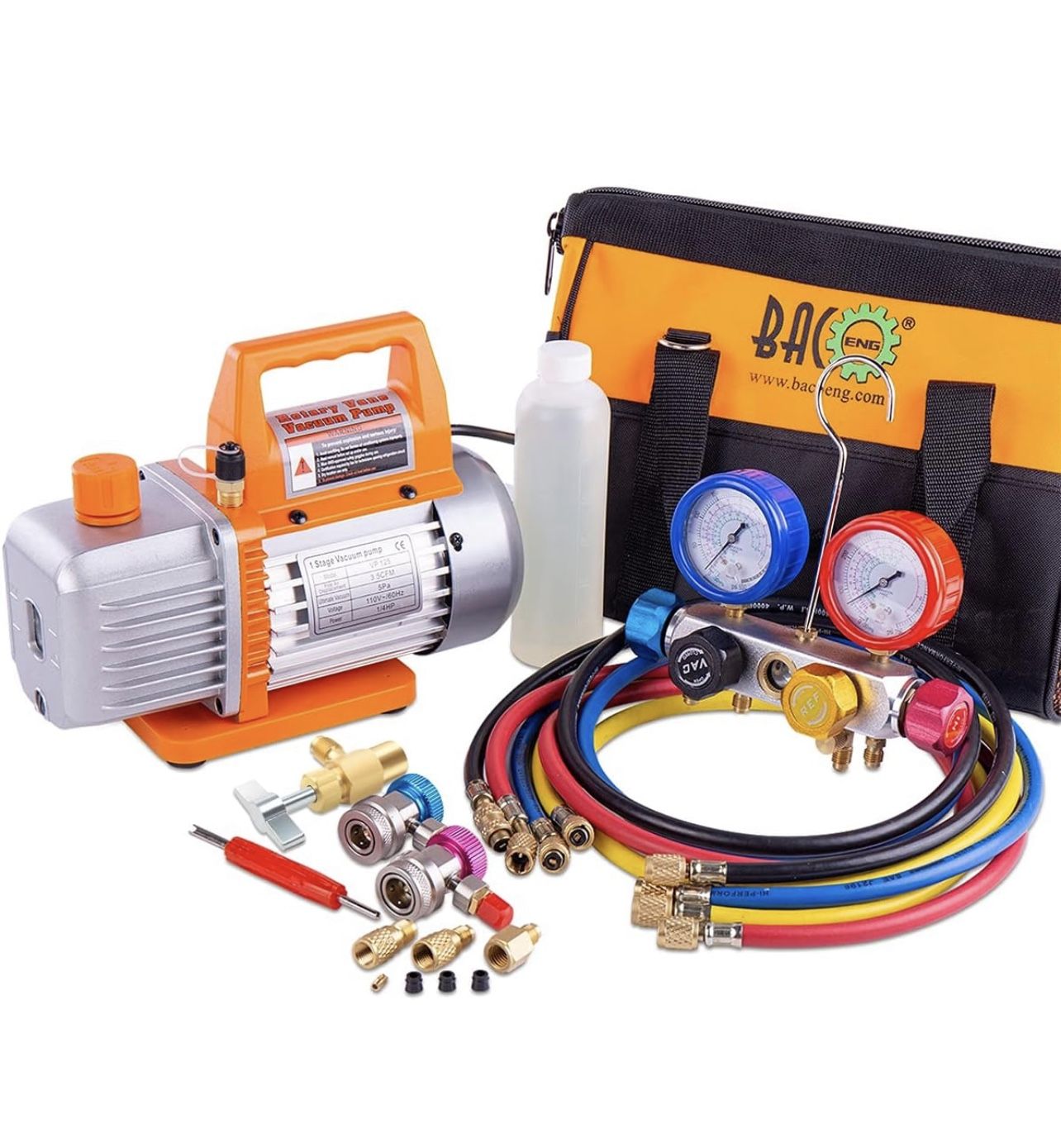 BACOENG AC Vacuum Pump and Gauge Set, 4 Way AC Manifold Gauge Set 