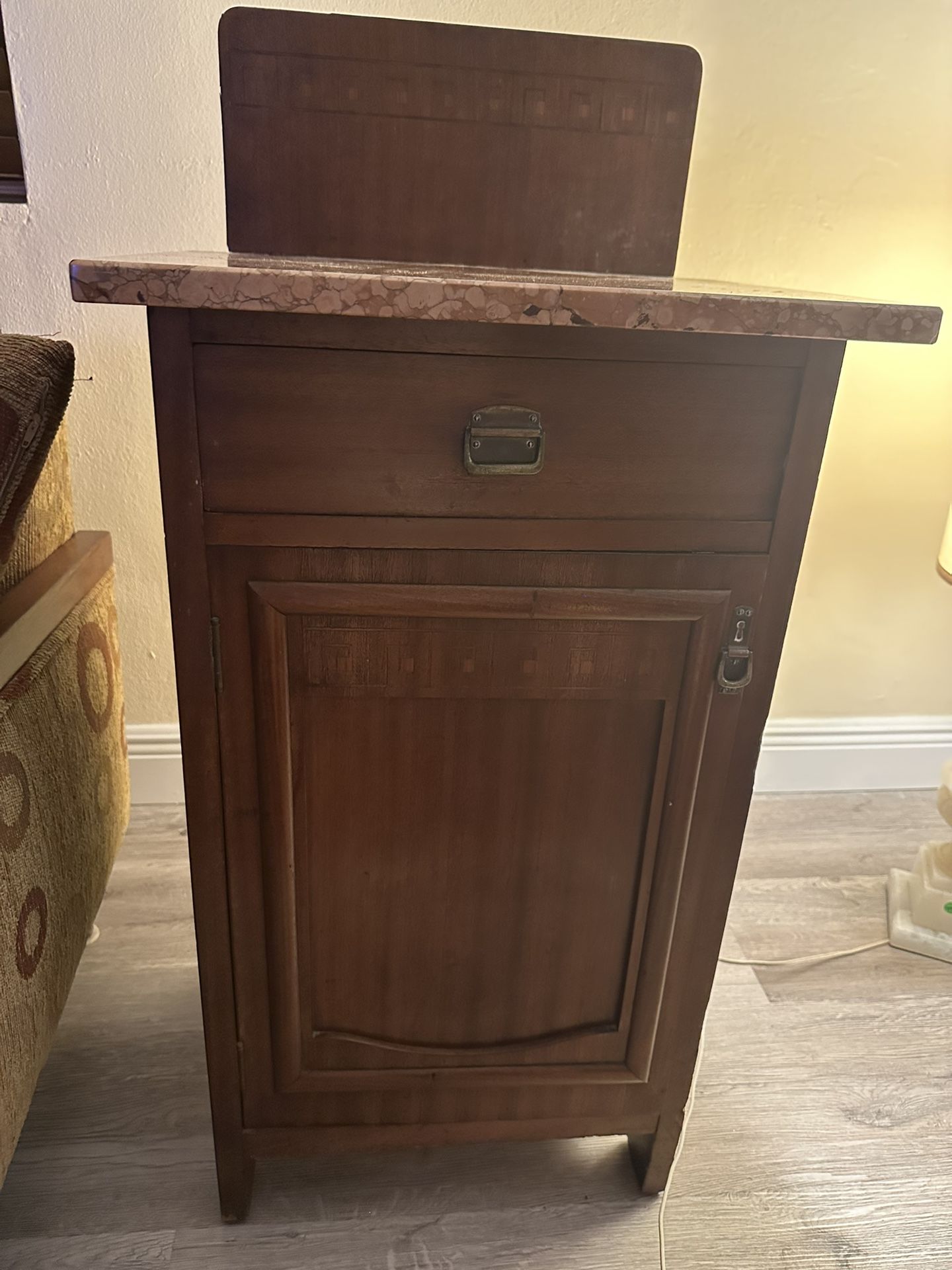 (2)Antique Marble Top Bedside Cabinet With Headboard.