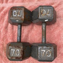 Pair Of 70 Lb Steel Hex Dumbbells - 140 Lbs Total