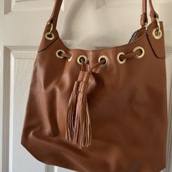 Women’s Brown Shoulder Bag Faux Leather Drawstring Bucket Bag