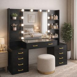 Black Vanity Des k with Mirror & LED Lights, Glass Top Vanity Des k with Charging Station & Compartmen