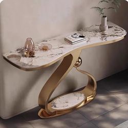 Modern Sintered Stone Entryway Console Table with Gold Sculptural Metal Base（bold veining)