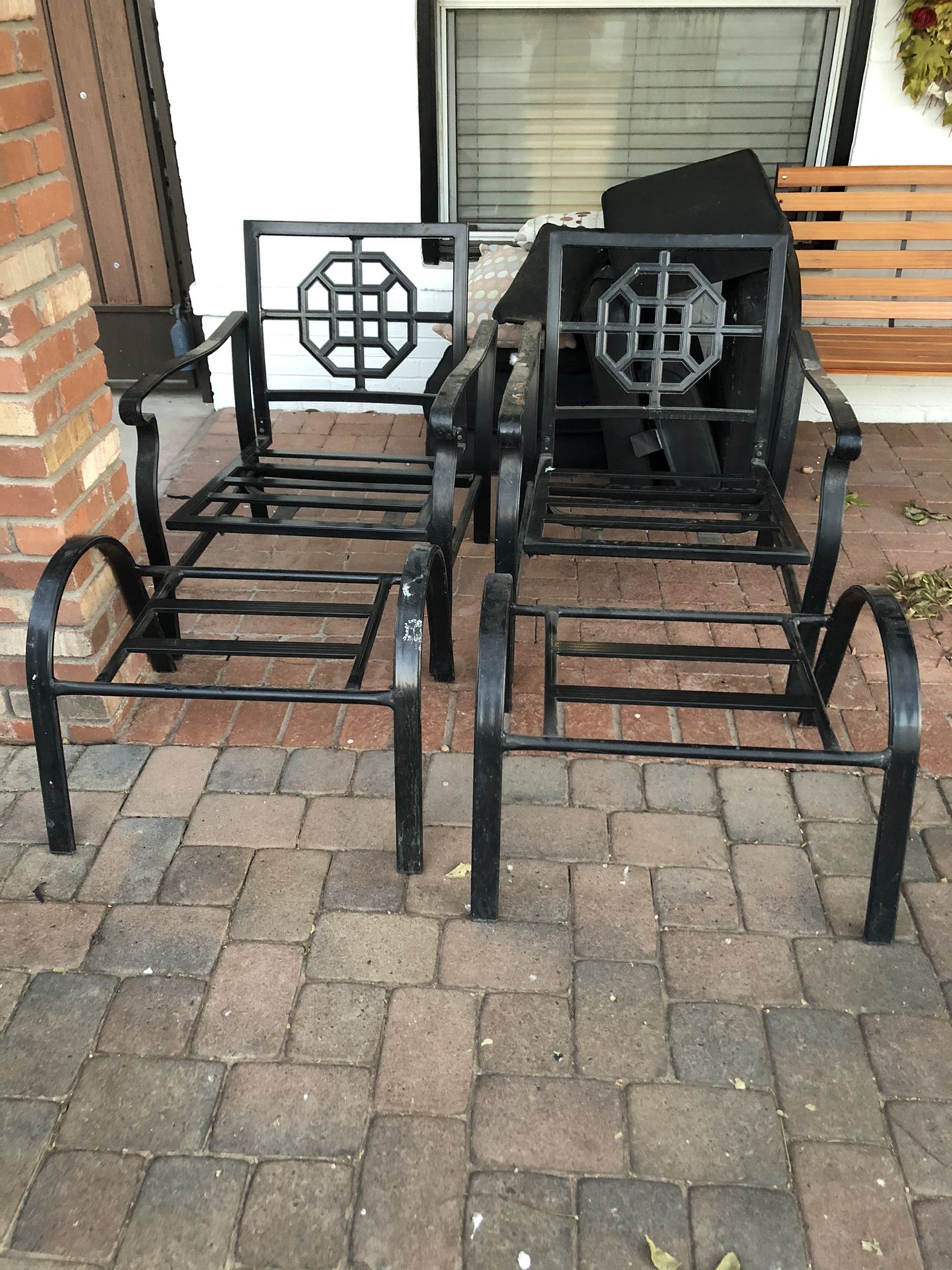 Metal patio chairs and ottomans