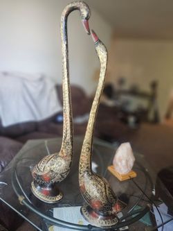 Vintage Patina Indian Brass Swan Vessels  Hand Etched Matching Pair, 2+ ft