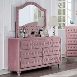 GLAM PINK VELVET 7-DRAWER DRESSER CABINET CAJONERA TOCADOR
