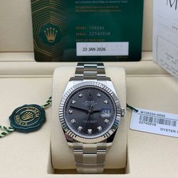 BRAND NEW FRESH 2026 Rolex Datejust 41mm Grey Rhodium Diamond Dial 126334 Stainless Steel Oyster Bracelet 18k fluted bezel Watch Card Box Booklets Rec