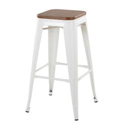 Set of 4 - White Metal Bar Stool with Wood Seat