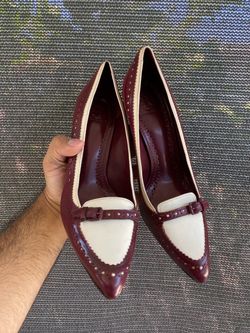 Tory Burch Burgundy and White Leather Brogue Loafer Stiletto Pumps Heels