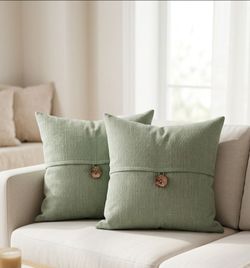 Sage Green Linen-Texture Pillows (Rustic Button Accent)