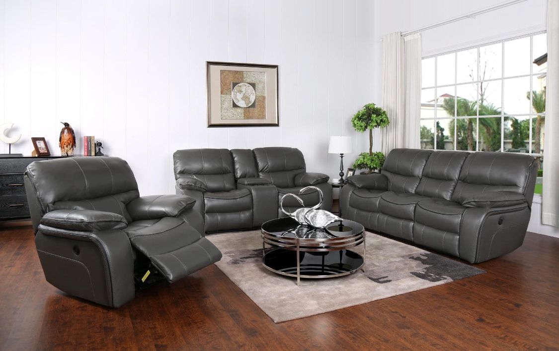 Summer clearance sale. Madrid, gray leather reclining sofa and loveseat set $1199. Single recliner $399. Easy finance option. Same-day delivery.