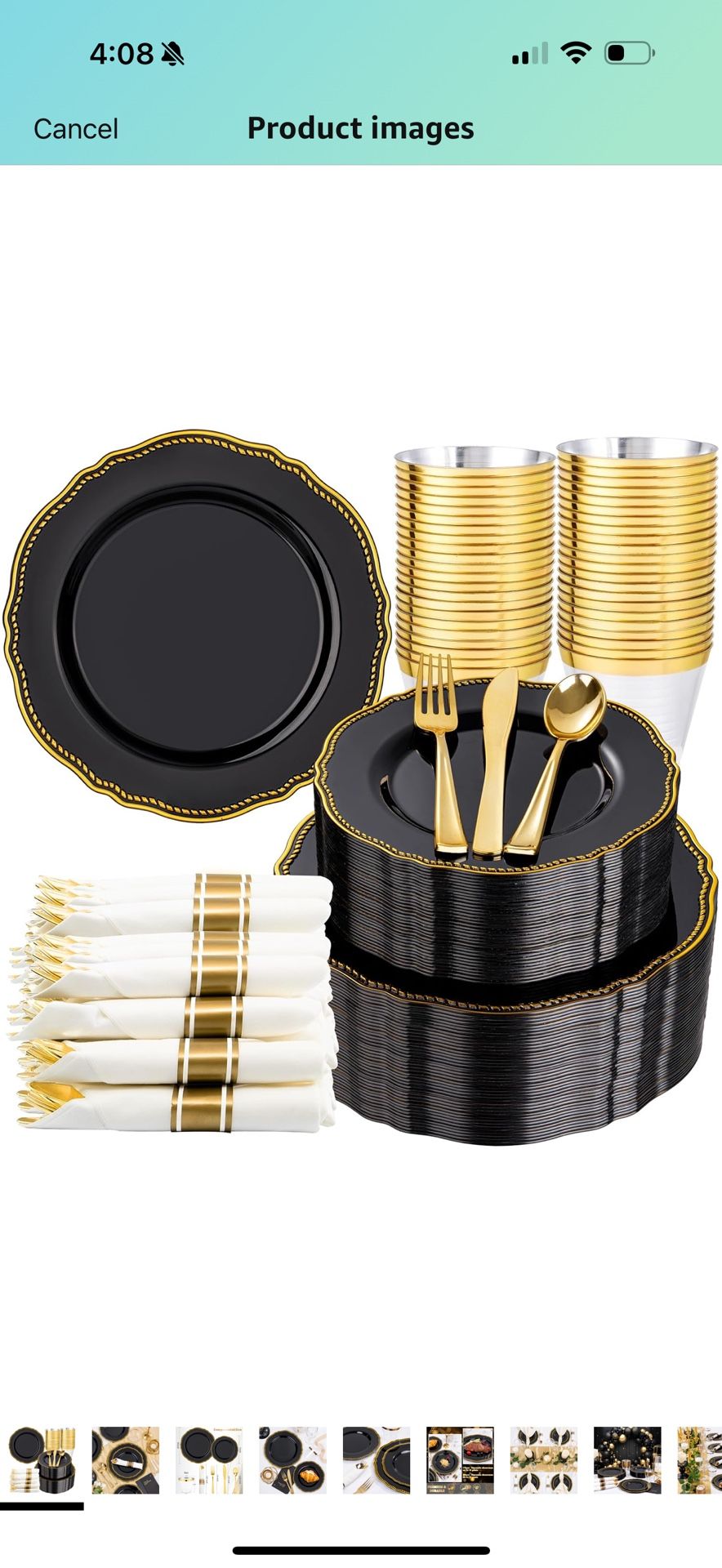 Hioasis 350pcs Black and gold Plastic Plates - Gold Plastic Dinnerware Set Includes 50 Dinner Plates, 50 Dessert Dinnerware, 50 Cups, 50 Rolled Napkin