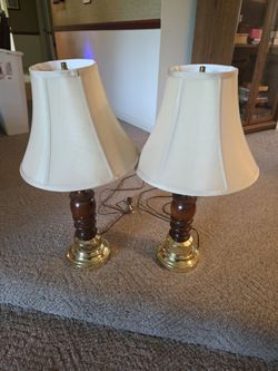 Pair of Brass and Wood Table Lamps