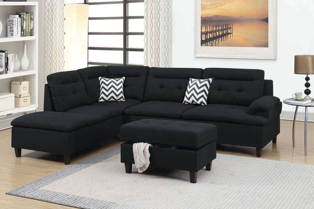 Black Linen Sectional & Ottoman