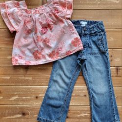5T 2-PIECE OUTFIT PASTEL ORANGE FLORAL RUFFLE SLEEVE COTTON TUNIC W/FLAIRED DENIM JEANS