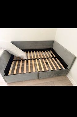 Grey Upholstered Bed Frame with Storage Drawers
