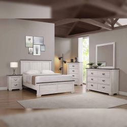4pc Bedroom Set $599 Queen $699 Eastern King Includes Bedframe Dresser Mirror Nightstand White Grey Bedroom Set