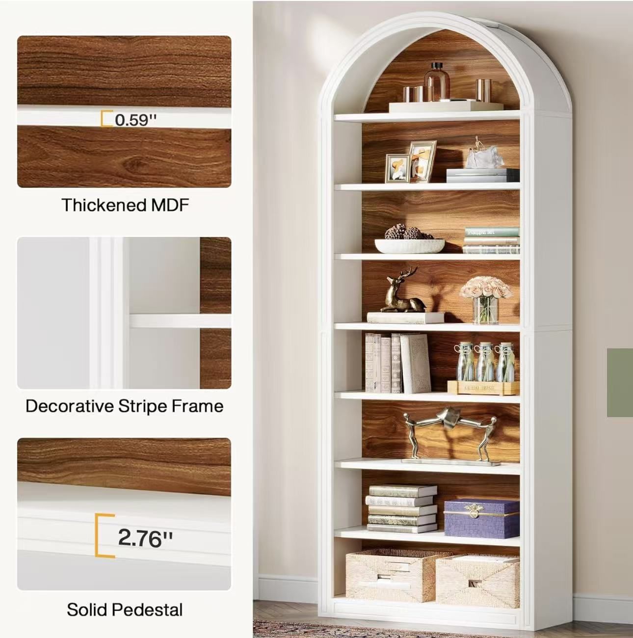 J0396 79.5" Tall Arched Bookshelf, 8-Tier Modern White Arched Bookcase with Storage Shelves, Floor Standing Wood Display Shelving Unit