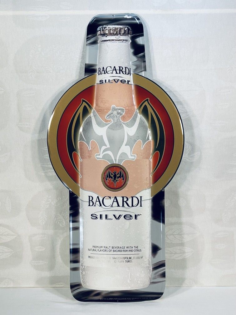 Vintage Bacardi Silver Embossed Metal Sign