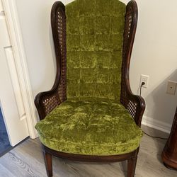 Vintage Velvet And Cane Wingback Chair