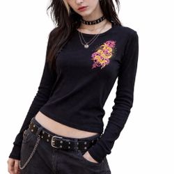 Black Long-Sleeve Women’s T with Neon Graphic~~Sz L~~