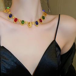 18k Retro vintage gold style multicolored heart statement women's necklace Gift