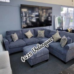 ✅️✅️ 4pc dark Grey corduroy fabric sectional sofa with rounded arms and ottoman ✅️✅️