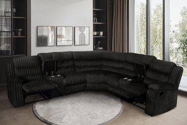 Luxuriously Soft plush black corduroy fabric large reclining sectional w/2 Cup holders