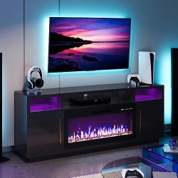 Black TV Stand with Electric Fireplace and LED Lights