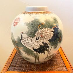 Vintage/Possible Antique 10” H Hand Painted Chinese Porcelain Crane Vase