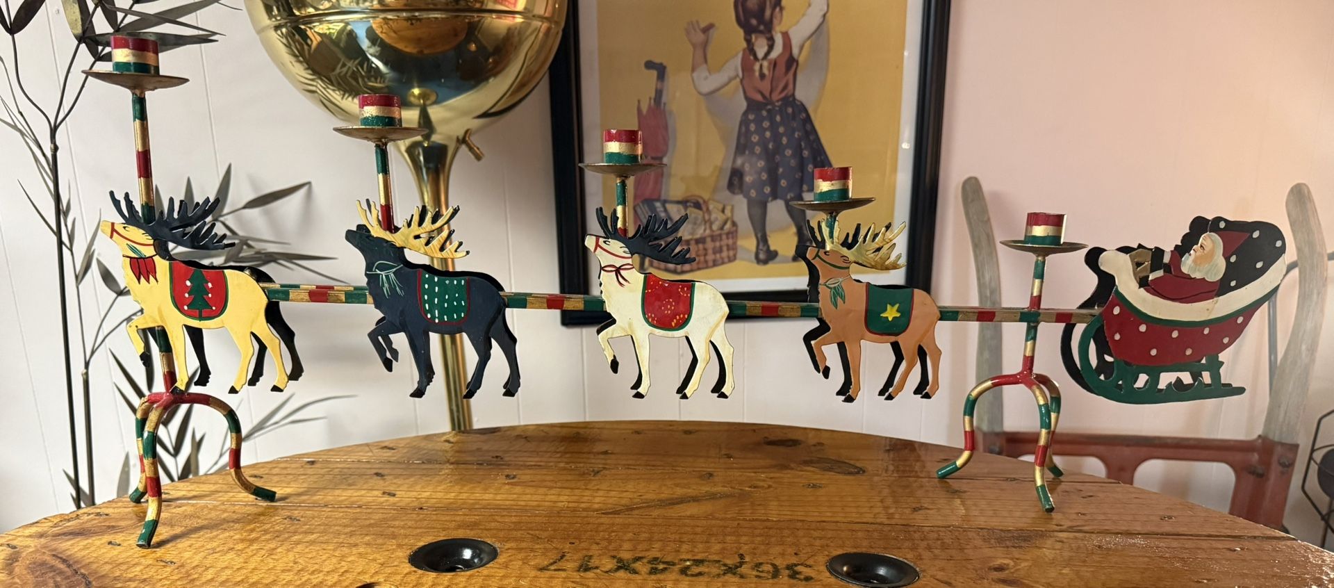 Vintage Folk-Style Metal Christmas Santa's Seigh and Reindeer 