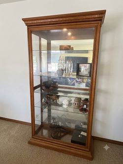 Philip Reinisch Solid Oak Curio Cabinet – Lighted Display Case (80"x43"x15")