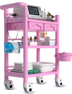 3-Tier Pink Medical Cart & Esthetician Trolley with Drawers – Rolling Spa Facial Cart with Locking Wheels – Heavy Duty Organizer