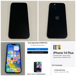 Unlocked iPhone 14 Plus 128GB Midnight in great condition with
