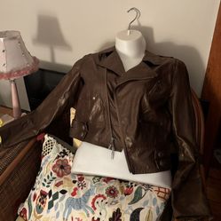 Bisou Fully Lined Brown PU Leather Biker Style Jacket EUC