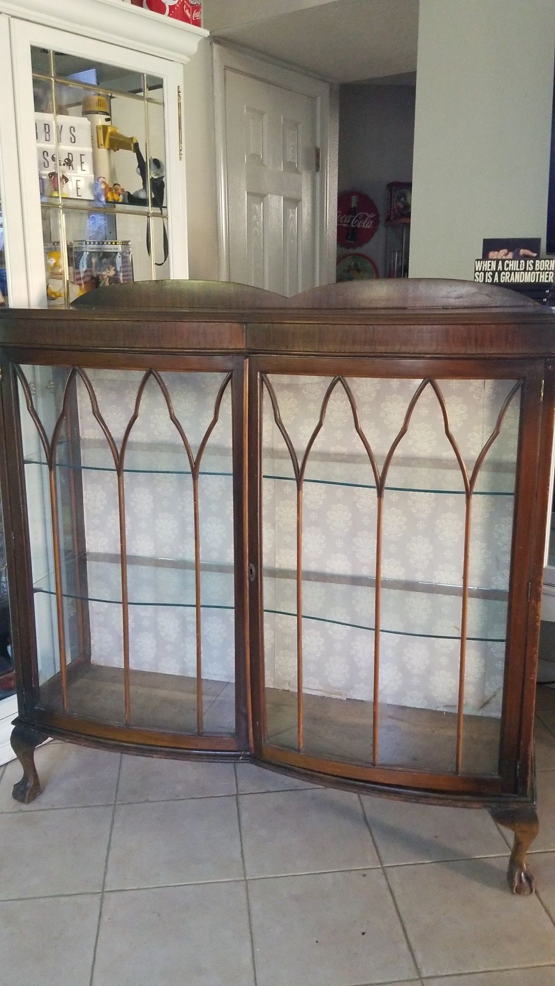 Antique 19th Century Glass Claw Foot Display/China Cabinet Solid Wood Very Good Condition 4ft H 4ft W 14" D