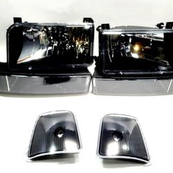 FOR 92-96 FORD F150 F250 F350 BLACK HOUSING HEADLIGHTS BUMPER LAMPS