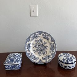 Antique Blue China Jewelry Box and Plate