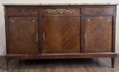 French Louis XVI Style Inlaid Marble Top Sideboard Cabinet