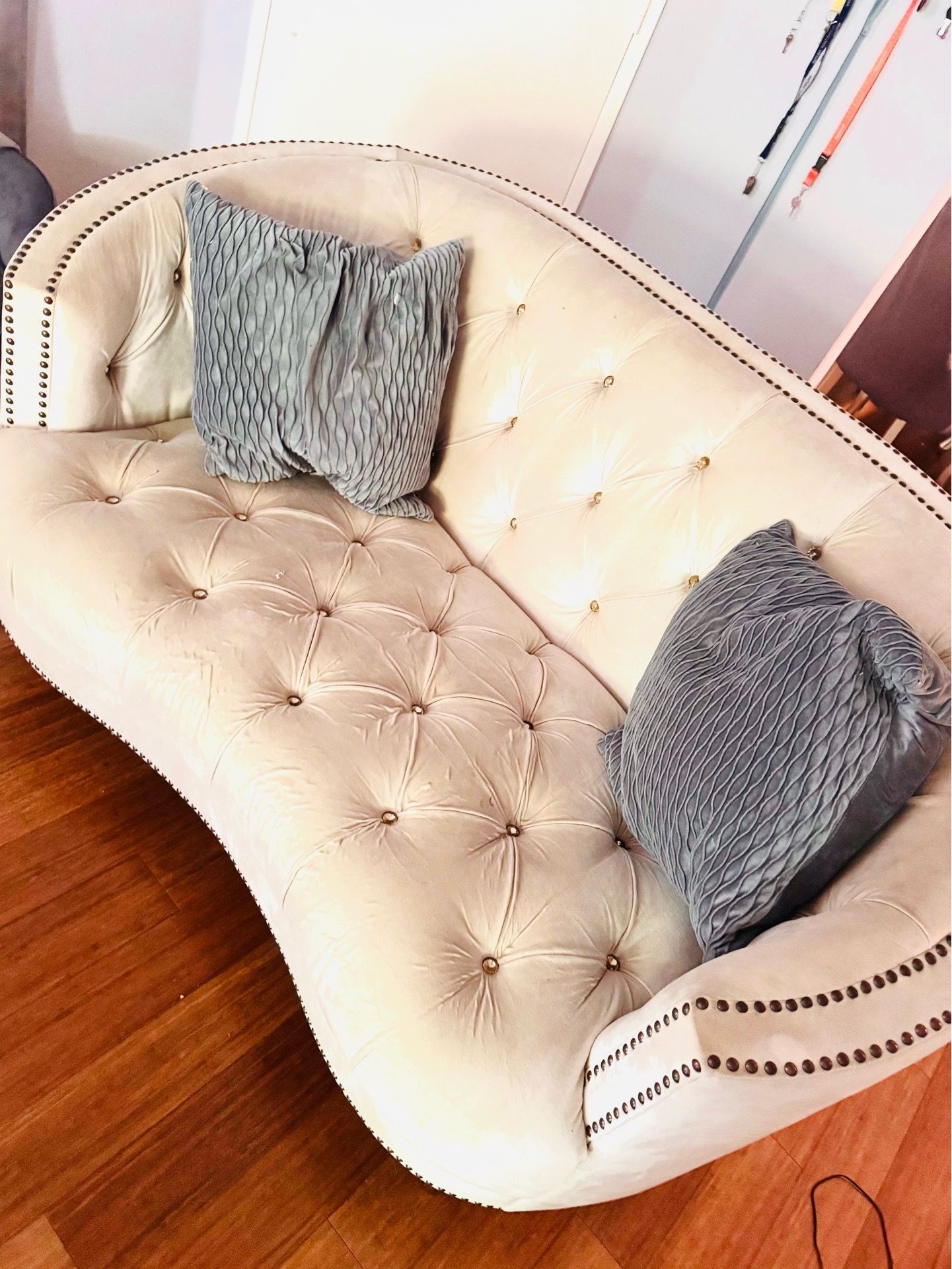 Beige Tufted Velvet Sofa with Nailhead Trim