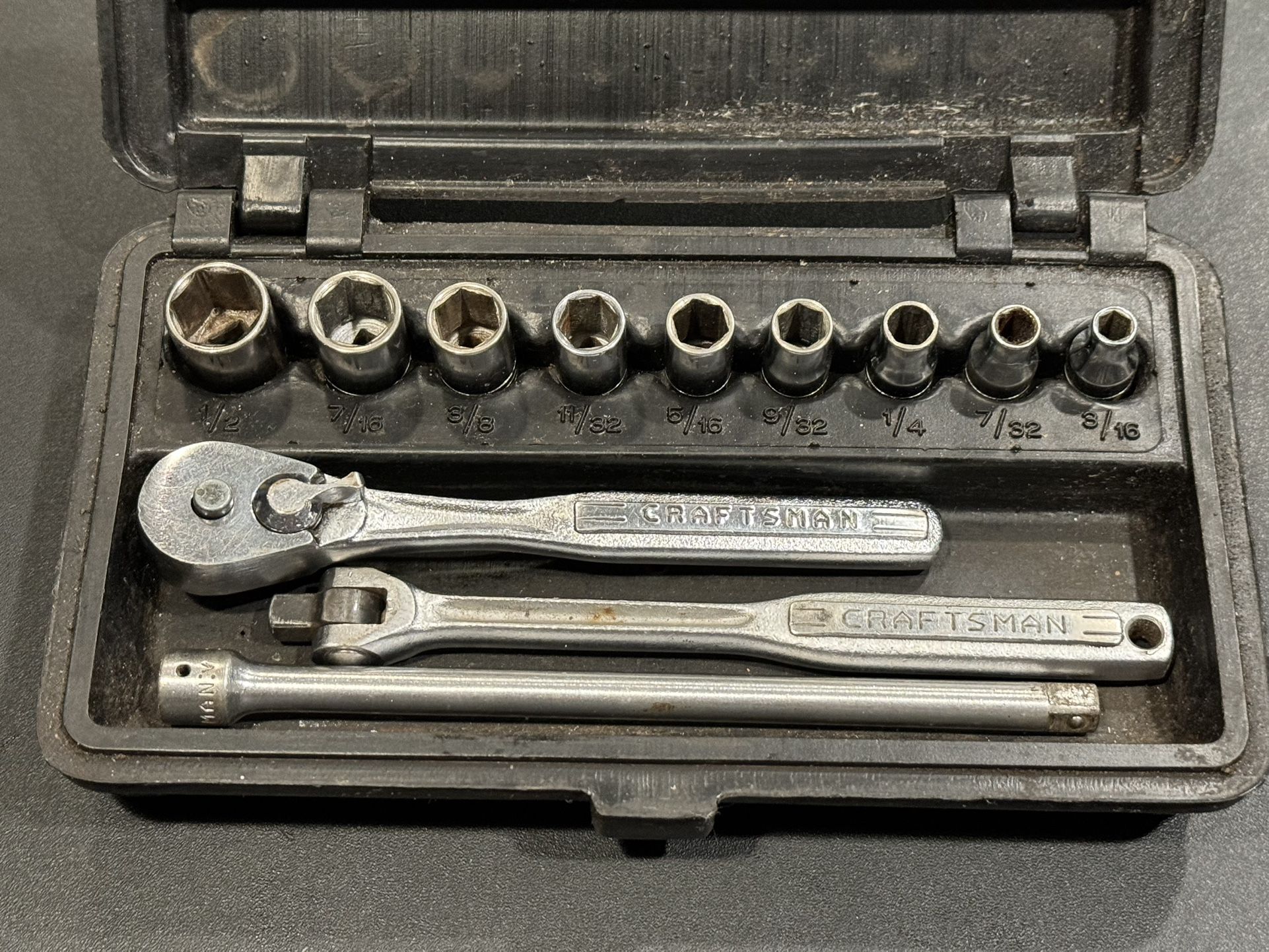 Vintage Craftsman 1/4” drive socket set in permamex case. ALL USA. Ratchet has owners marks. Sockets and ratchet are V series.