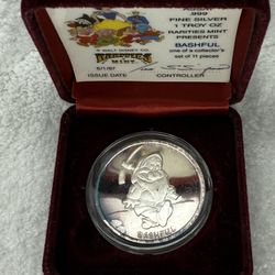 1987 Disney Snow White “Bashful” .999 Silver Coon - 1 Troy Oz w/ Box & COA