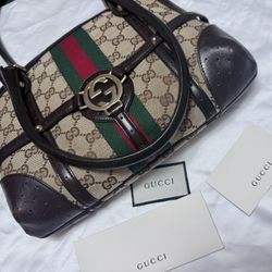 GUCCI Beige/Ebony GG Canvas Vintage Web Interlocking Small Shoulder Bag