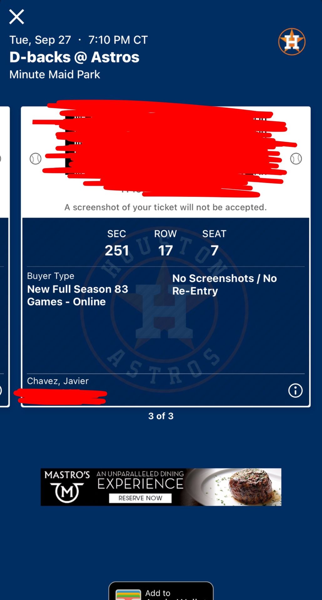 1 Astros ticket Sept. 27 