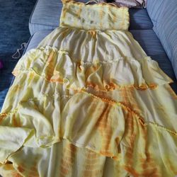 Earthbound Size XL Strapless Open Back Tie Dye Yellow Asymmetrical Dress