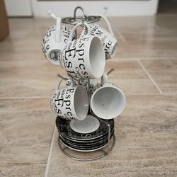 Expresso Coffee  Cups Saucers 6 Set and Caddy