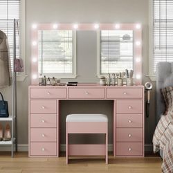 Pink Vanity Makeup Desk with LED Lighted Mirror & Stool – 11 Drawers – Excellent Condition